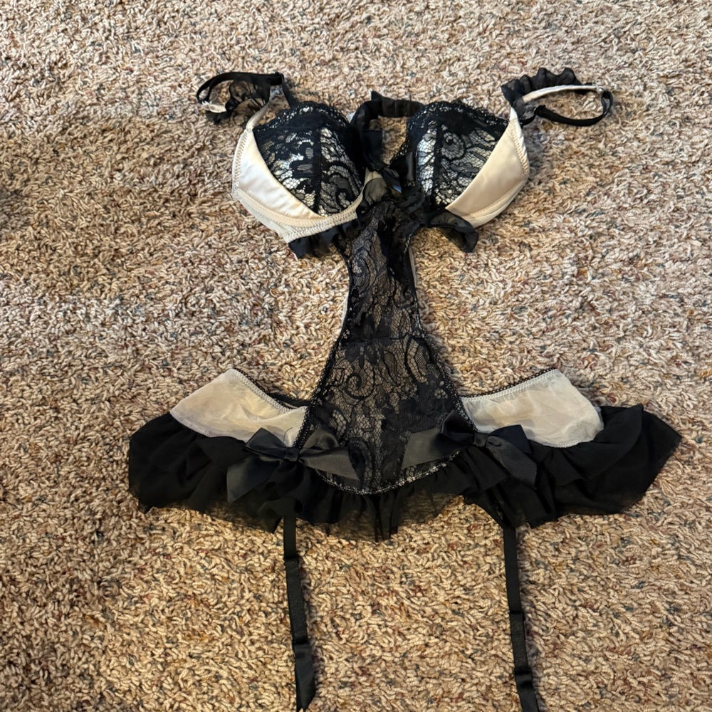 Sheer Black Lace Bustier with Ivory Accents